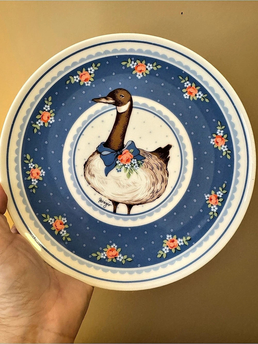 GEORGE GOOD FABRIZIO Vintage Goose Plate Blue Floral JAPAN 8"